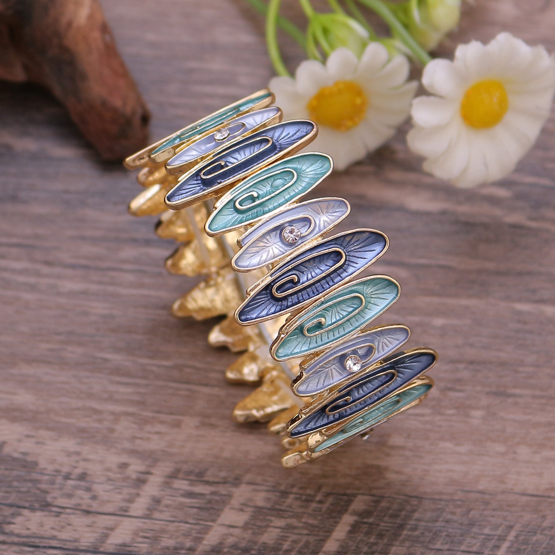 Wholesale  irregular color dripping flower stitching elastic alloy bracelet