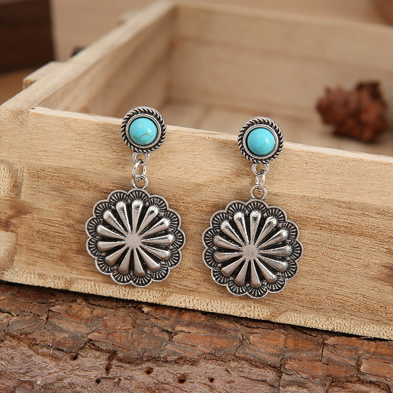 Wholesale Retro Turquoise Carved Earrings Alloy Electroplated Jewelry Accessory