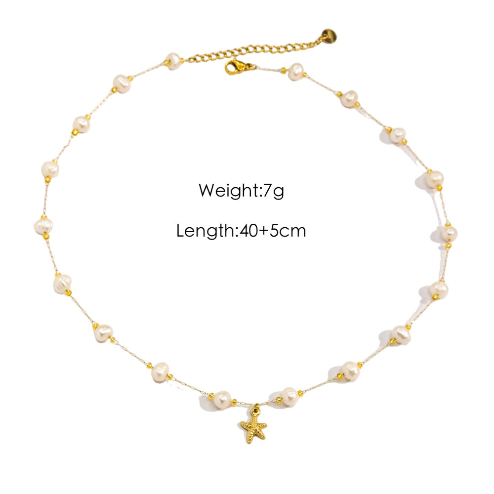 Wholesale  Light Luxury  Colorful Gravel Beaded Natural Pearl Beaded 14K Gold Stainless Steel Pendant  Necklace