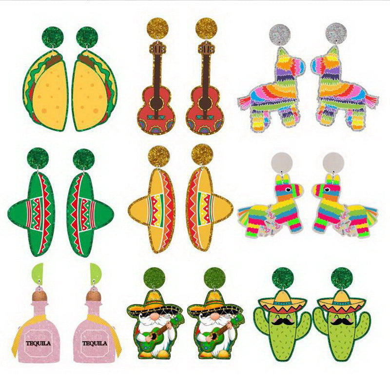 Wholesale Mexican Carnival Day Cinco De Mayo Guitar Horse Hat Wine Bottle Violin Goblin Cactus Acrylic Earrings ACC-ES-XP010