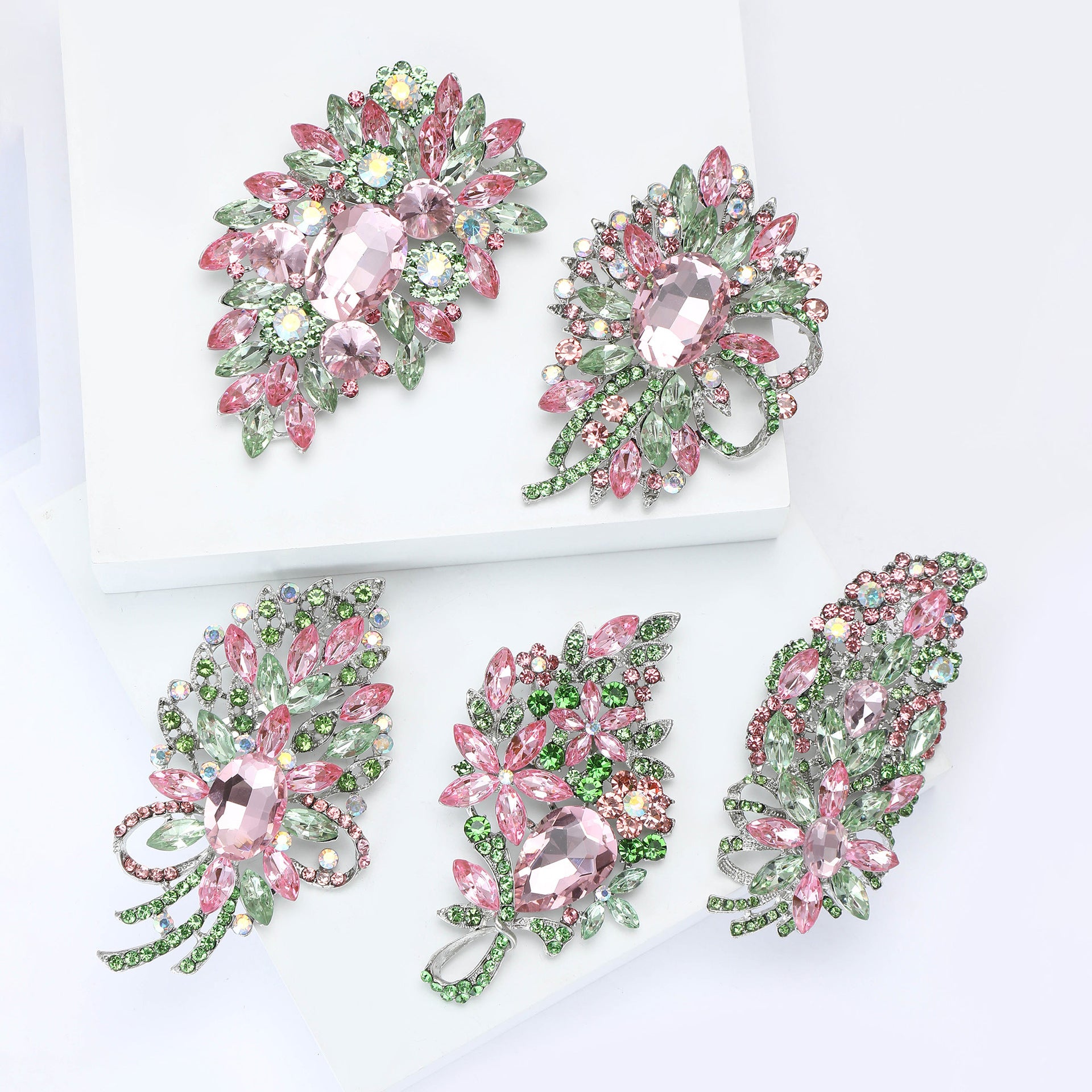 Wholesale Pink Green Floral Crystal Glass Brooch Women S Decorative Fashion Gift