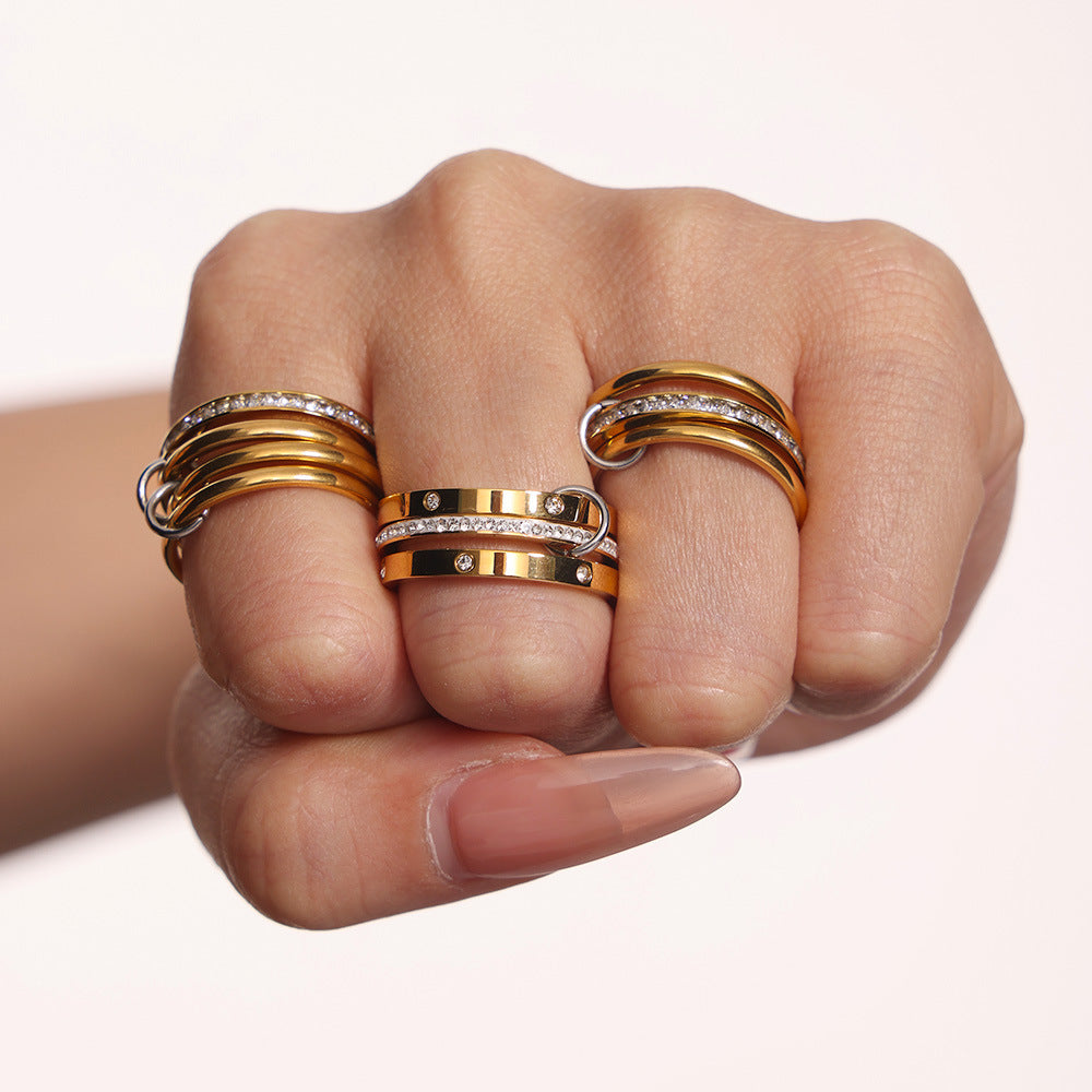 Wholesale  Titanium Steel  gold-plated multi-layer middle with diamond ring