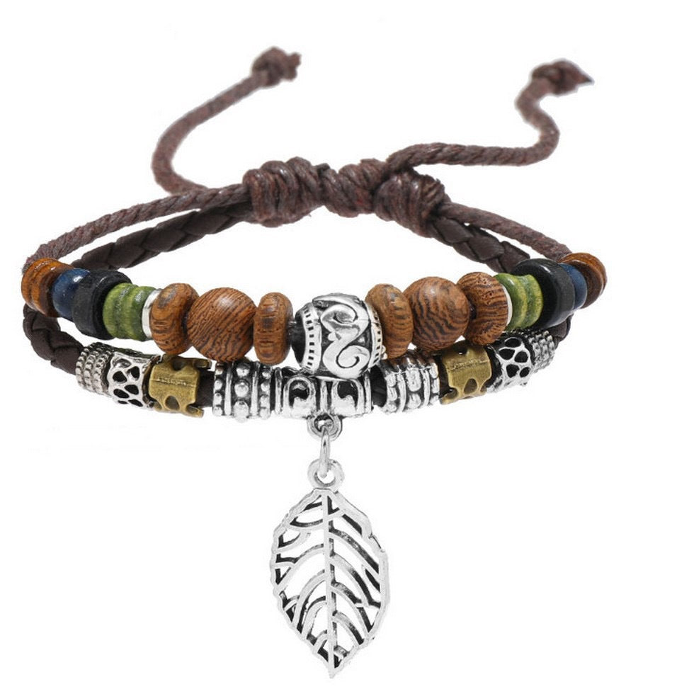 Wholesale Folk Style Woven Leather Bracelet with Beaded Charms,  Unisex Adjustable Jewelry Accessory
