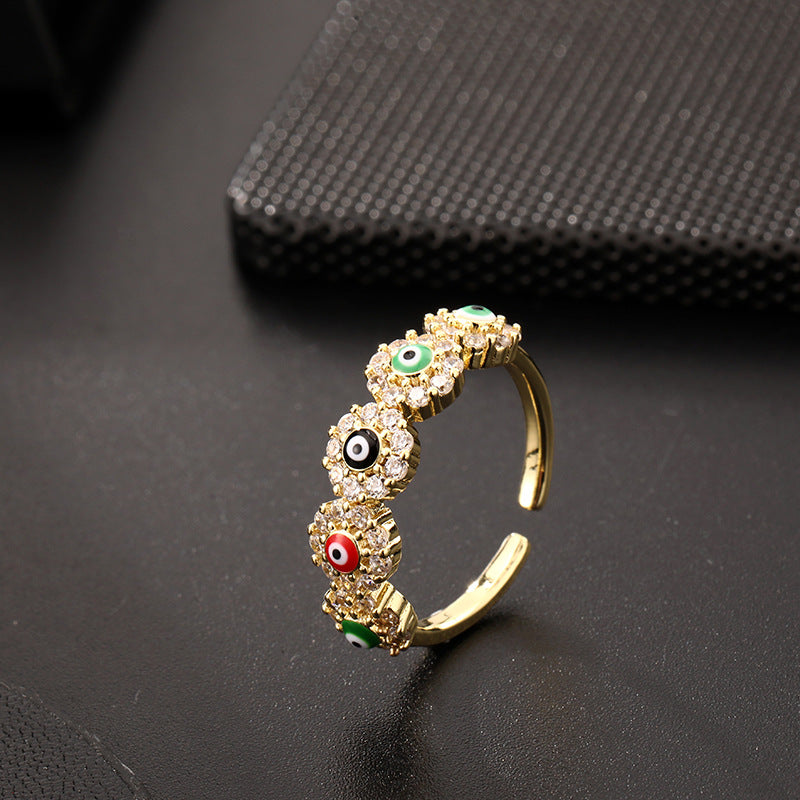 Wholesale Stylish Women S Open Ring With Colorful Enamel Zircon Eye Design Copper Electroplating Chic Jewelry Accessory For Gift And Resale