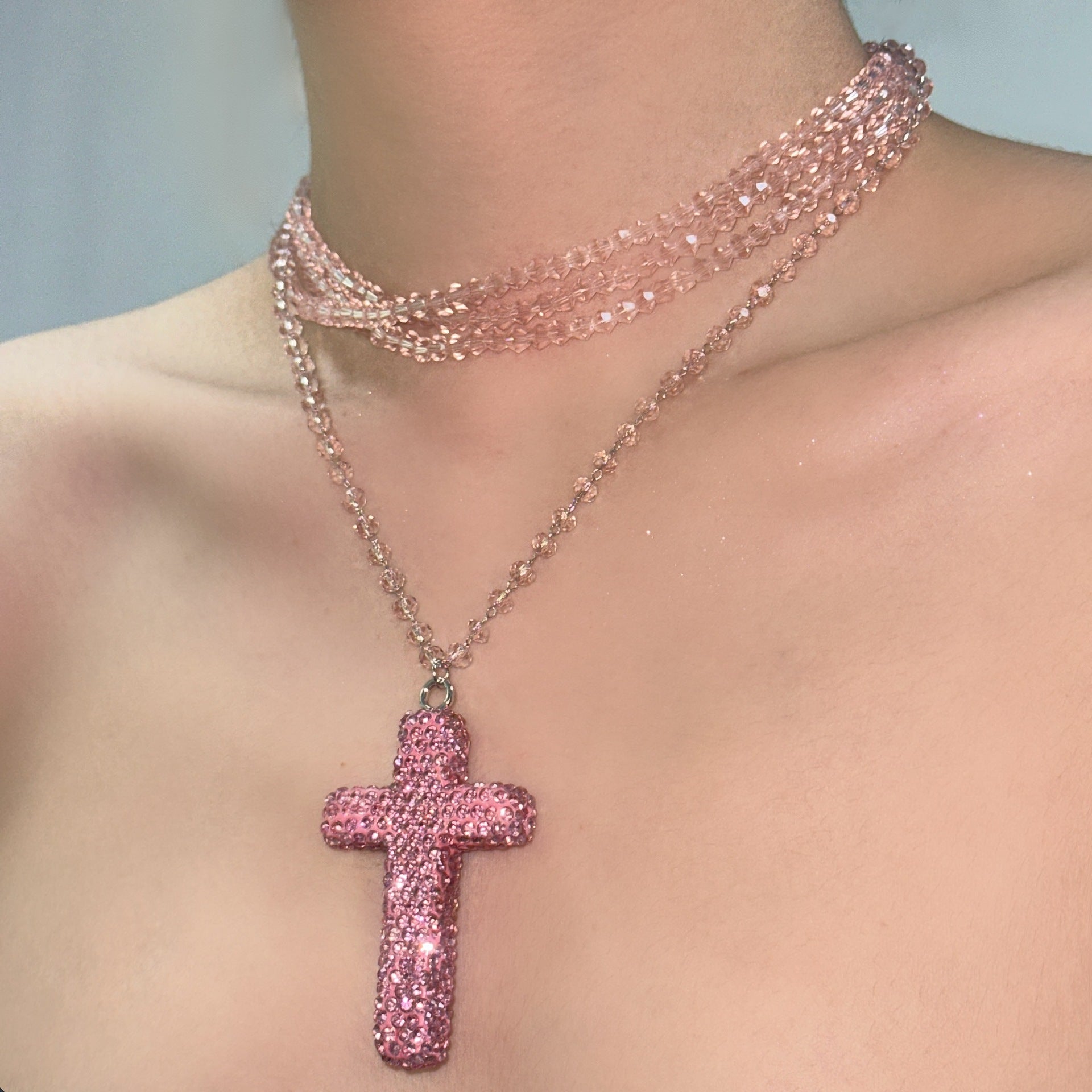 Wholesale Beaded and diamond cross double-layered necklace