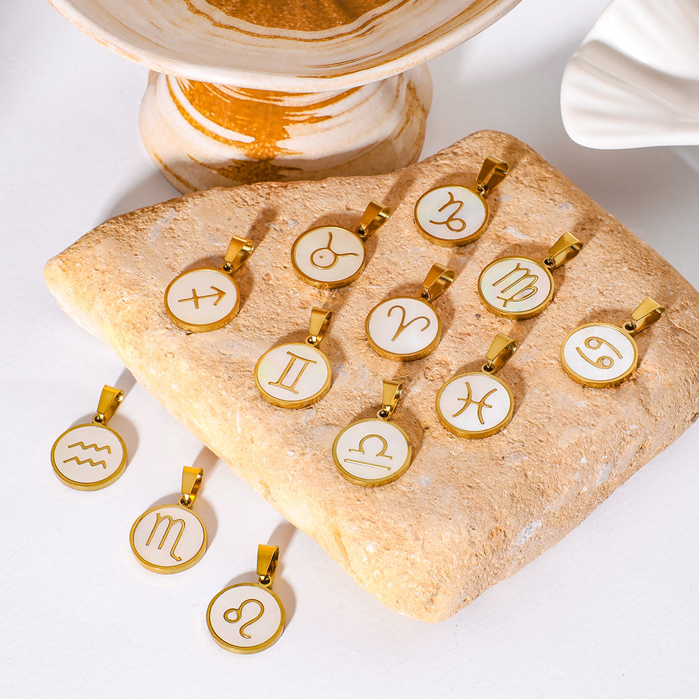 Wholesale  twelve constellation pendant inlaid natural white seashells stainless steel necklace