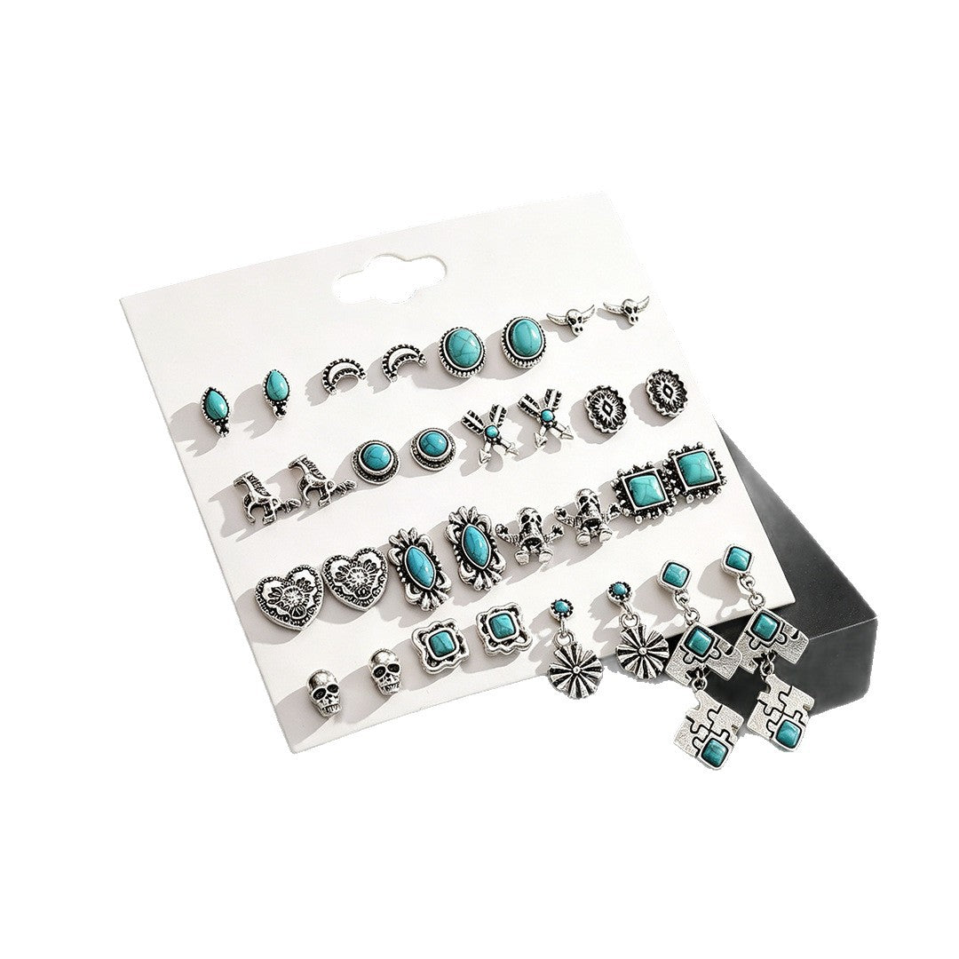 Wholesale Retro Inlaid Imitation Turquoise Earring Set Zinc Alloy Electroplated Fashion Accessory