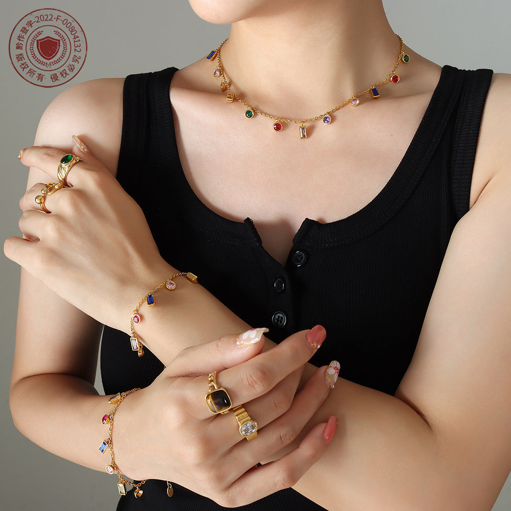 Wholesale Multi Color Zircon Tassel Necklace and Titanium Steel Bracelet Set Fashion Accessory for Party