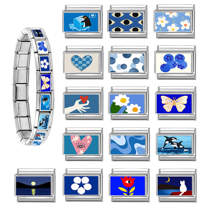 Wholesale Hearts and Love Italian Charms Blue series DIY square Single Section Creative Stainless Steel Composable Bracelet