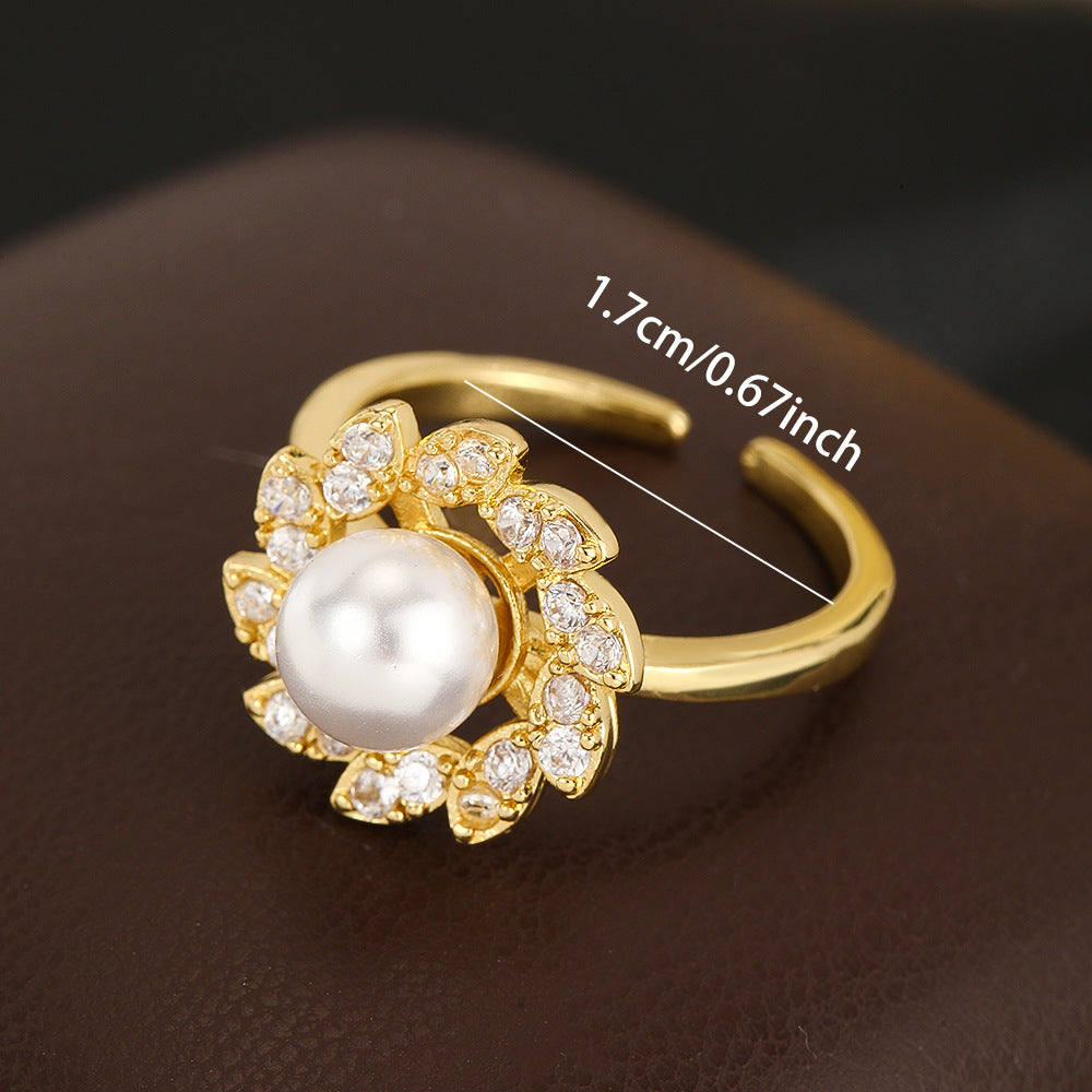 Wholesale Pearl Zircon Flower Open Ring Stylish Women S Gold Copper Fashion Jewelry Everyday Wear Accessory