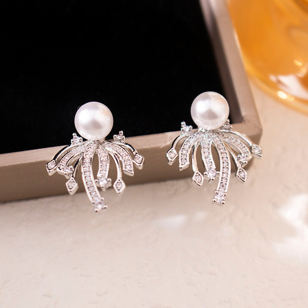 Wholesale Silver Needle Zircon Fireworks Pearl Earrings