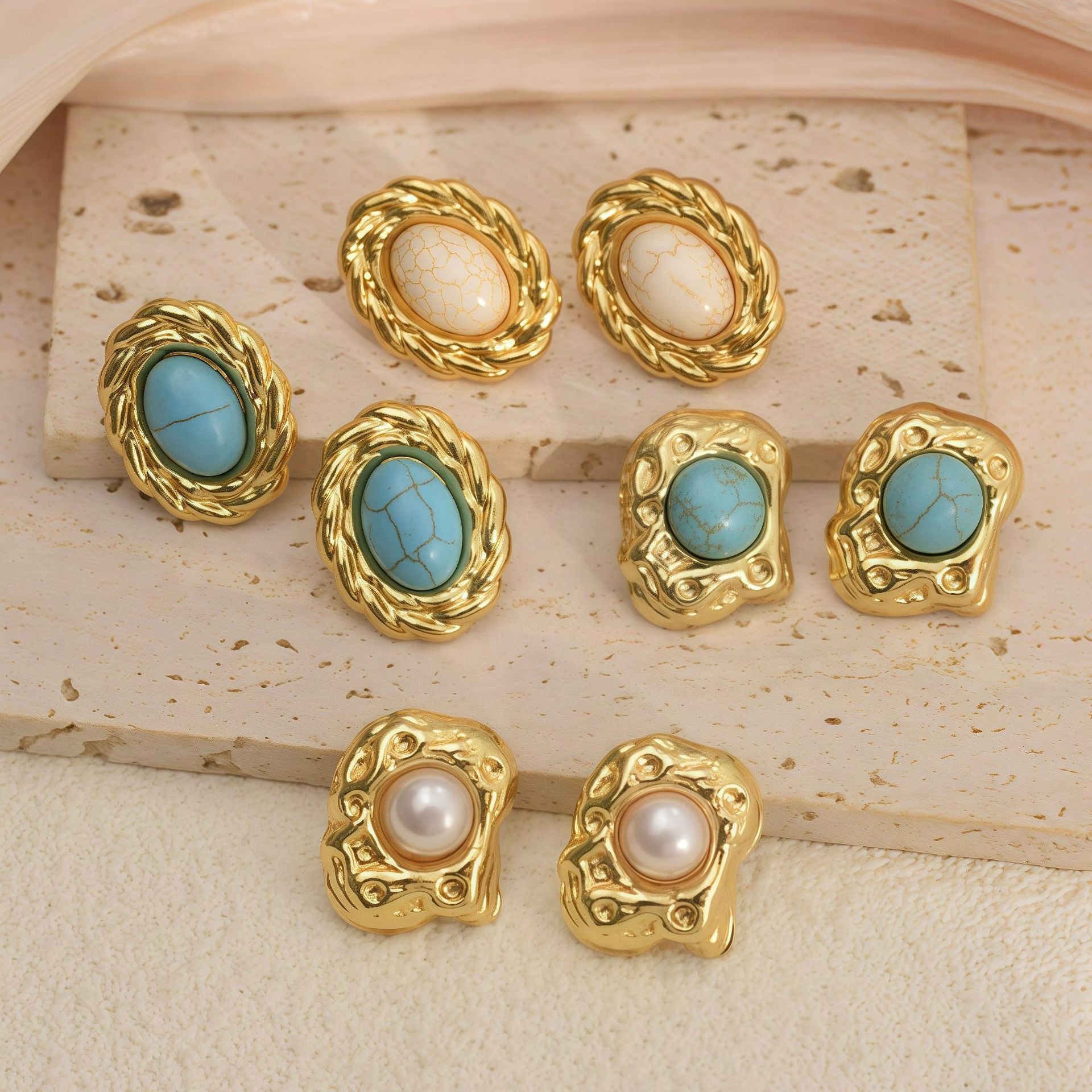 Wholesale Retro Chic Light Luxury Turquoise and Pearl Stud Earrings