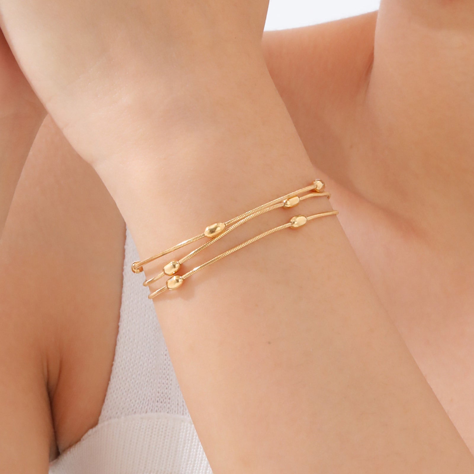 Wholesale Trendy Gold Bracelet For Women Stainless Steel Snake Chain Three Layer Rice Beads Fashion Jewelry Gift