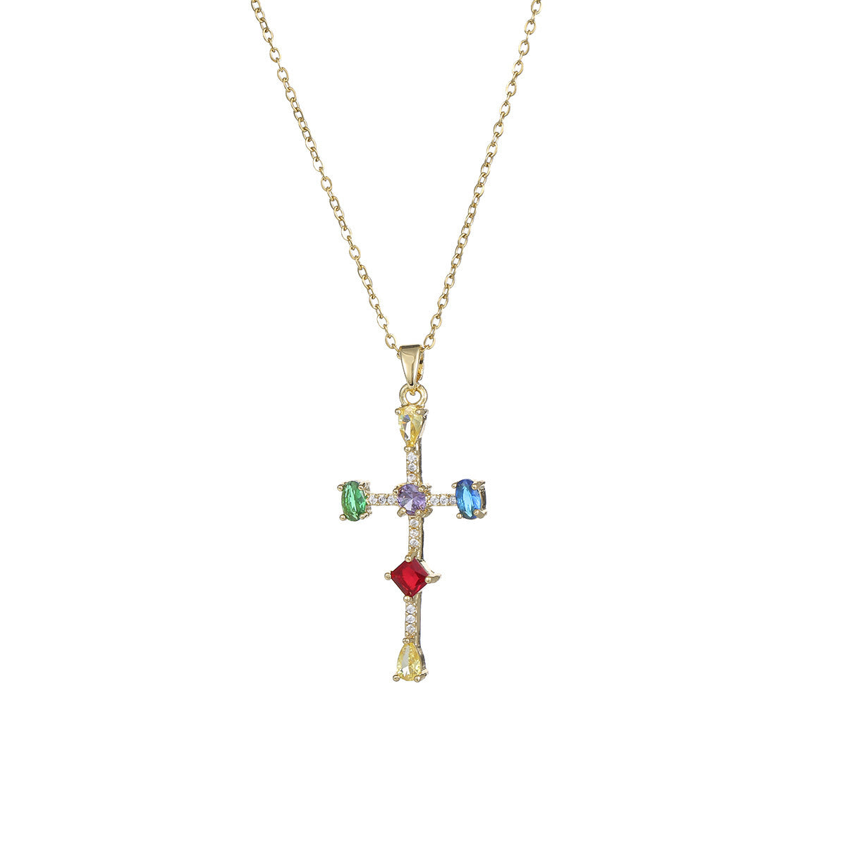 Wholesale Stylish Colorful Zircon Cross Necklace Copper Electroplated Fashion Accessory For Women Party Gift