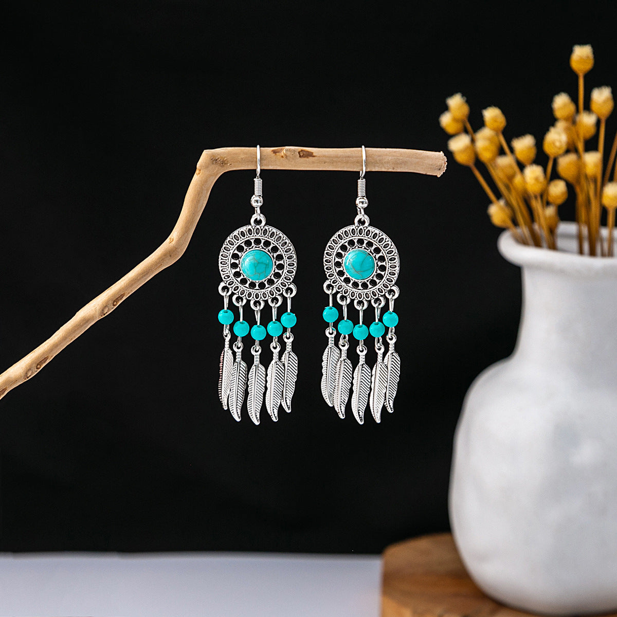 Wholesale Retro Ethnic Style Blue Turquoise Hollow Ring Flower Tassel Earrings Jewelry Accessory