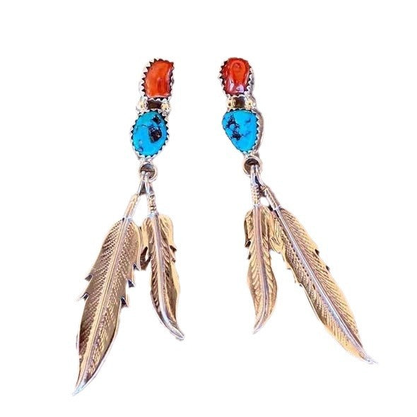 Wholesale Bohemian style turquoise earrings retro ethnic style leaf feather metal handmade earrings