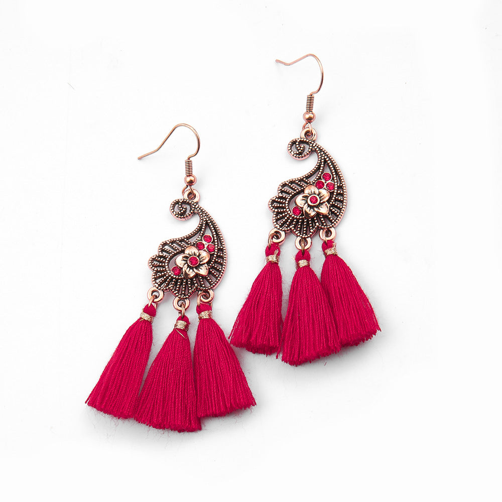 Wholesale Chinese Style Red Tassel Earrings Retro Medieval Festive Jewelry Accessory