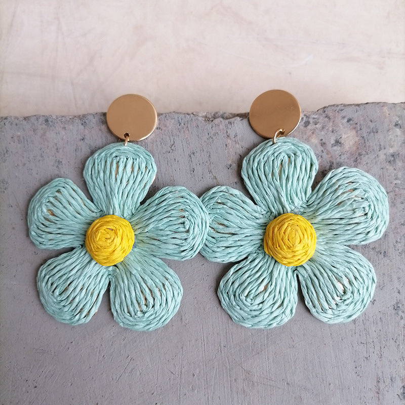 Wholesale 2 Pairs/pack Bohemian Rattan Raffia Colorful Flower Earrings ACC-ES-HY091