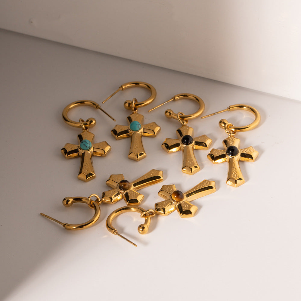 Wholesale Natural Stone Gold Beads Cross Pendant Earrings ACC-ES-WanX007