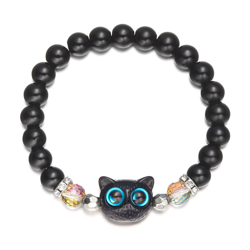 Wholesale Black Cartoon Kitten Natural Stone Beaded Bracelet ACC-BT-YingHao005