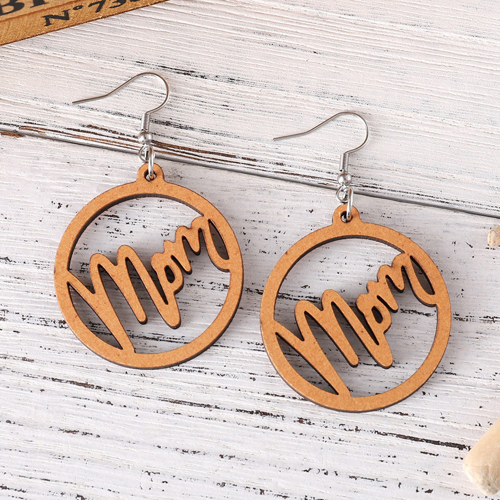 Wholesale Mother' s Day Round Hollow Pendant Earrings  Wooden Earrings