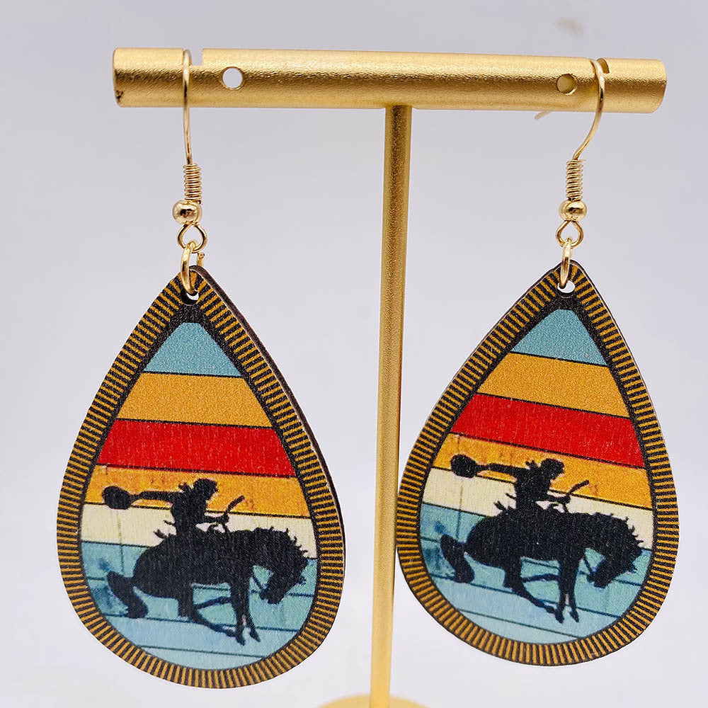 Wholesale Western Cowboy Earrings Ethnic Cactus Pattern Printed Water Drop Wooden Earrings