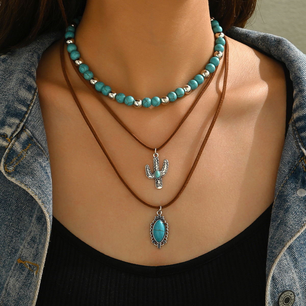 Wholesale 2PCS Western-style turquoise set with cactus and bull' s head necklace