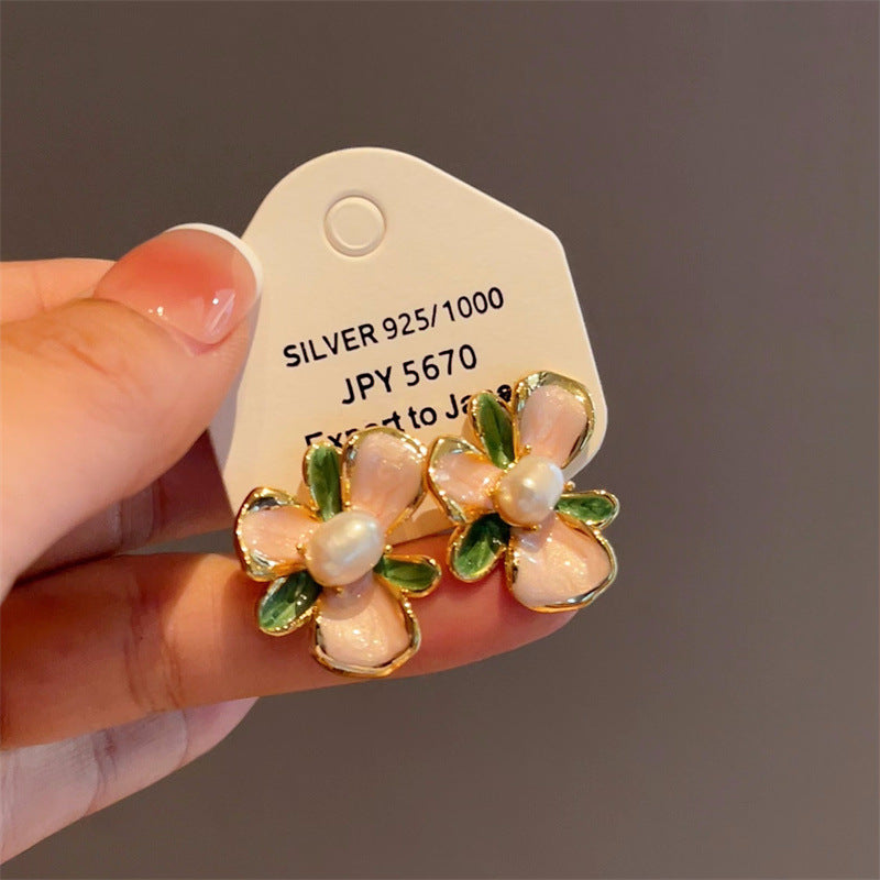 Wholesale Vintage Enamel Glaze Pink Gardenia Pearl Earrings