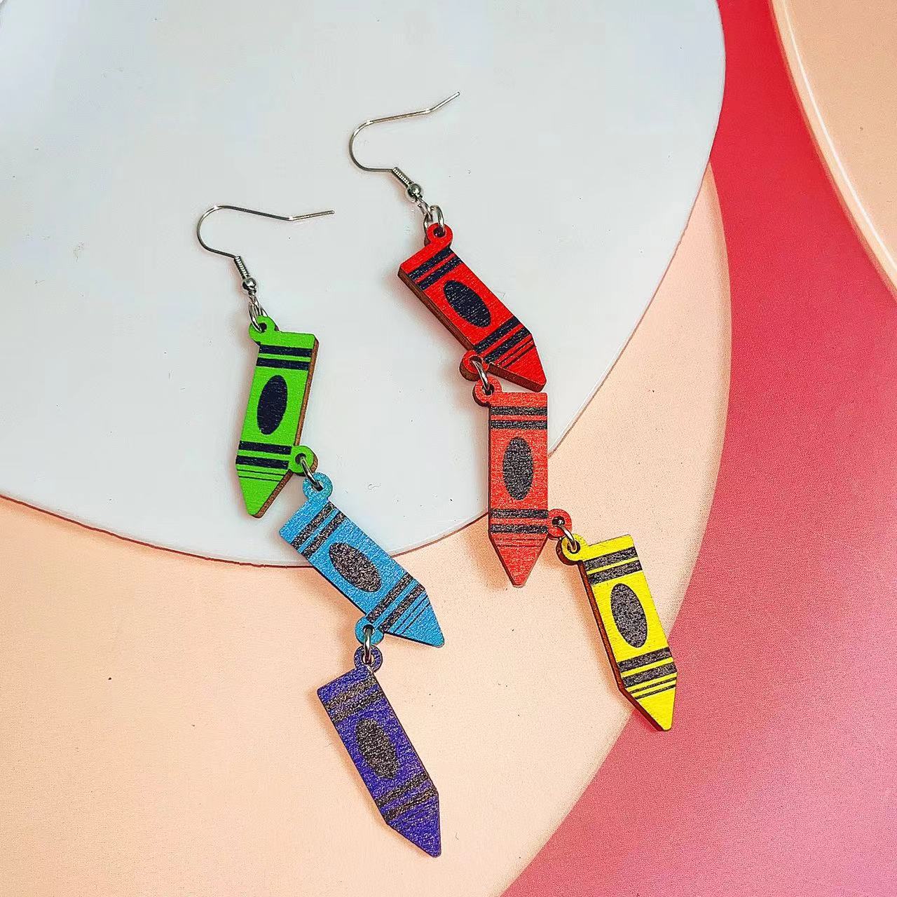 Wholesale Teacher's Day Colorful Crayon Pendant Wood Earrings ACC-ES-AnDao026