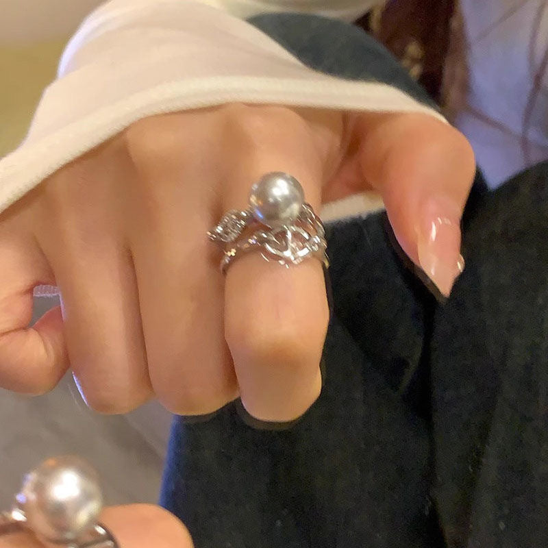 Wholesale Stylish Women S Gray Pearl Ring Geometric Adjustable Jewelry Accessory Gift