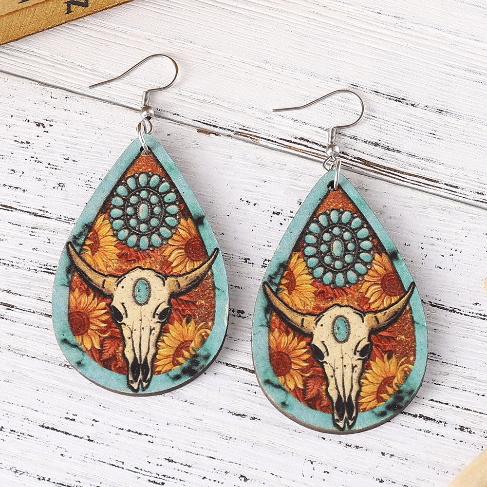 Wholesale  Western Style Turquoise Sunflower Flower Cattle Head Earrings