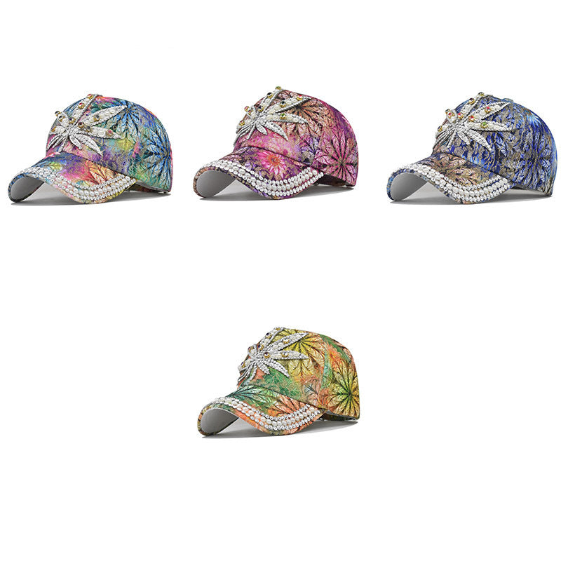 Wholesale Maple Leaf Print Rhinestone Baseball Cap Teal Adjustable For Men Women Outdoor Everyday Wear