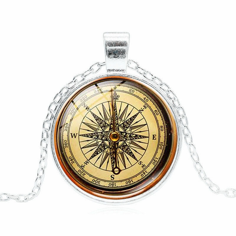 Wholesale Vintage Compass Time Gem Glass Alloy Necklace