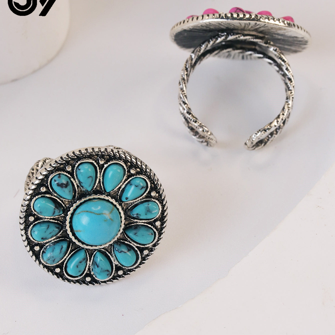 Wholesale Zinc Alloy Inlay Flower Ring Set Retro Ethnic Style Fashion Accessory for Women Gift