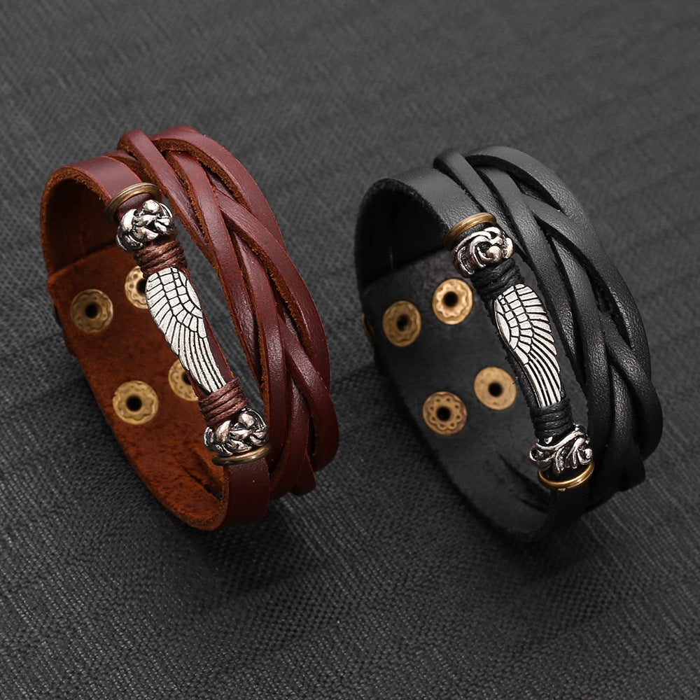 Wholesale Vintage Retro Woven Leather Bracelet Unisex Alloy Wing Decorative Fashion Accessory Gift And Boutique Resale