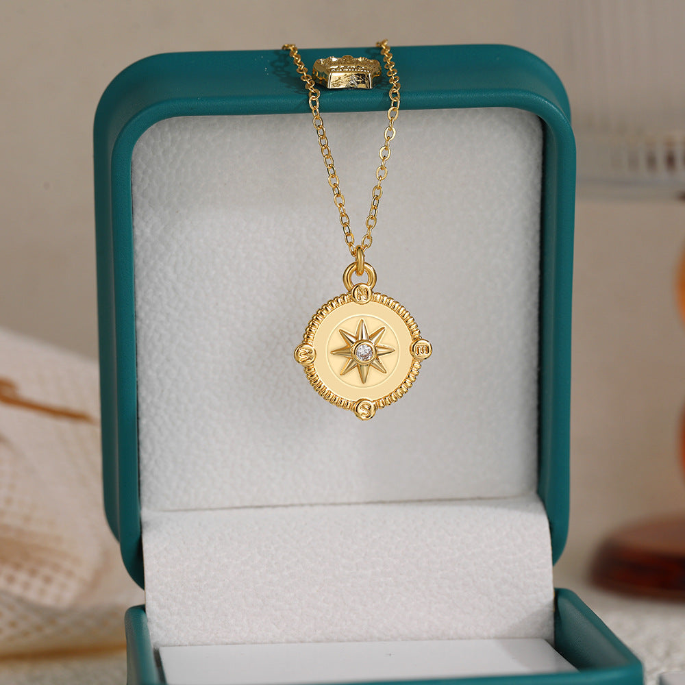 Wholesale electroplated round eight-pointed star pendant retro stainless steel necklace