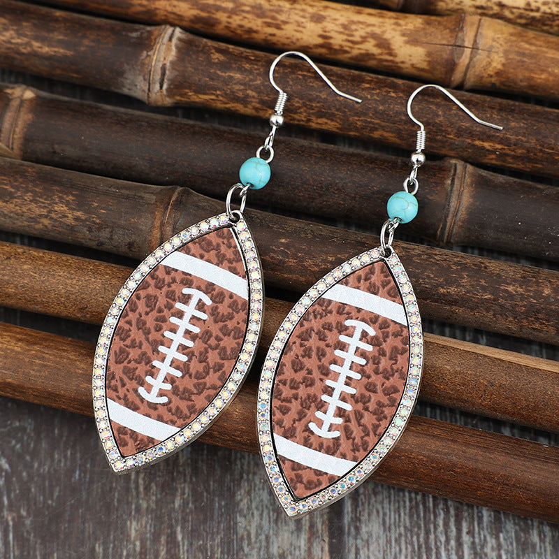 Wholesale  Retro Football Super Bowl Inlaid with Colored Diamonds Leather  Alloy Earrings