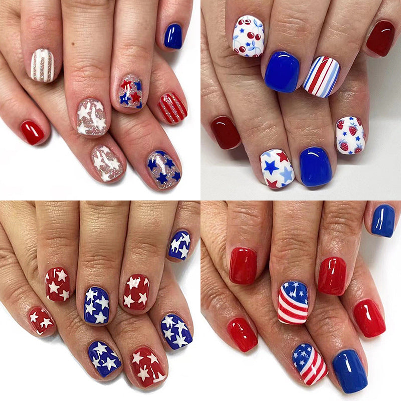 Wholesale 96 Pieces/4 Boxes American Independence Day Glitter Powder Five-pointed Star Manicure Press-on Nails Kits Nail Stickers ACC-NS-GuaiXL034
