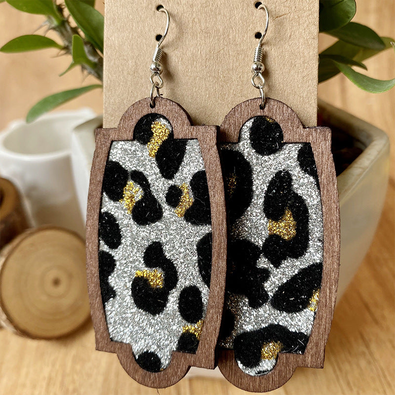 Wholesale 3 pairs/  pack Leather-look rainbow leopard print teardrop-shaped wooden earrings