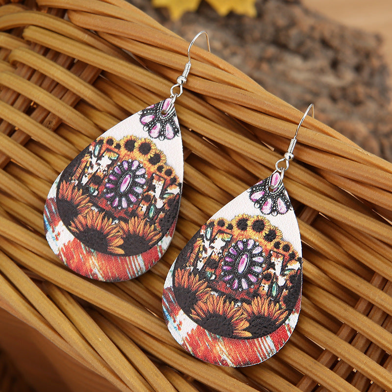 Wholesale Leather Drop Earrings with Sunflower MOM Design,  Turquoise Embossed,  Trendy Mother' s Day Jewelry Accessory for Gifting
