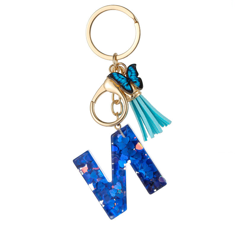 Wholesale Resin blue heart butterfly letter keychain
