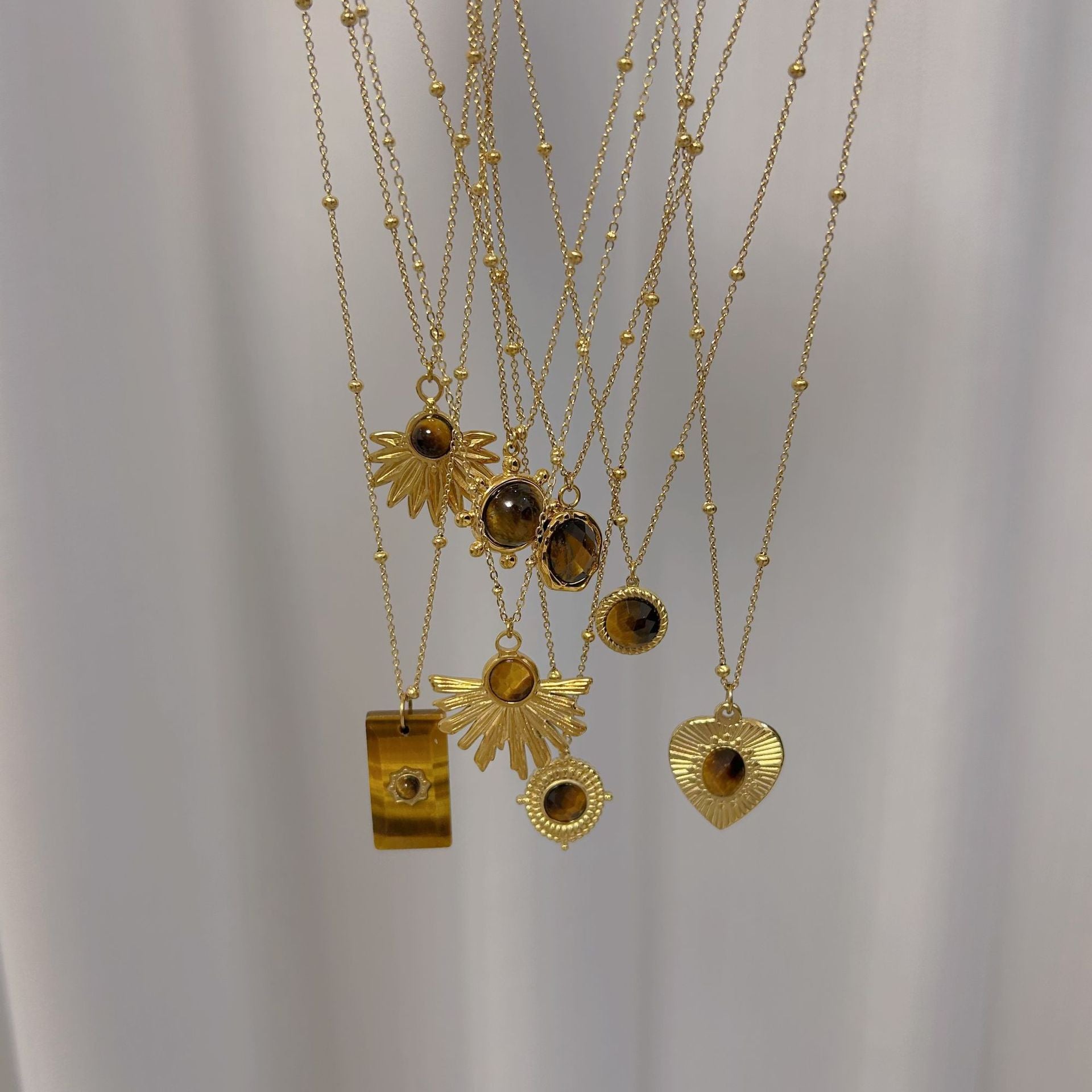 Wholesale  Yellow Tiger Stone Pendant Necklace Natural Stone Stainless Steel Jewelry