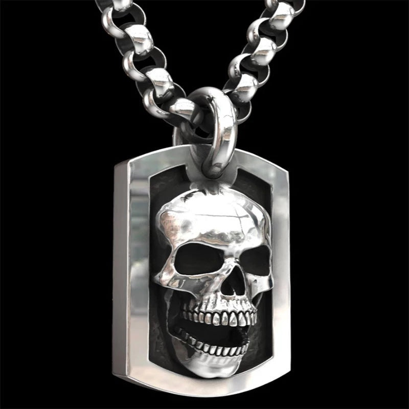Wholesale Dark Hip-Hop Skull Square Silver-Plated Vintage Necklace