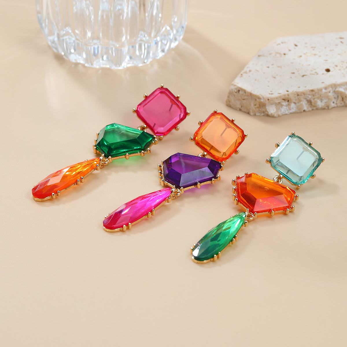Wholesale Colorful Diamond Earrings with Exaggerated Geometric Shaped Color Block Earrings Bohemian Style ACC-ES-JL005