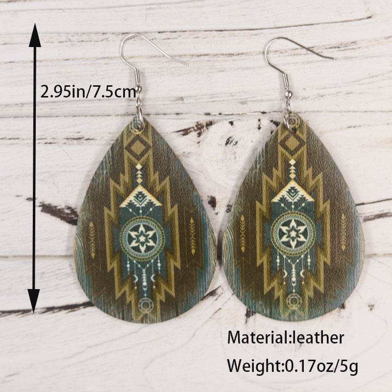 Wholesale Bohemian Style Symmetrical Camouflage Style Teardrop Shape PU Leather Earrings