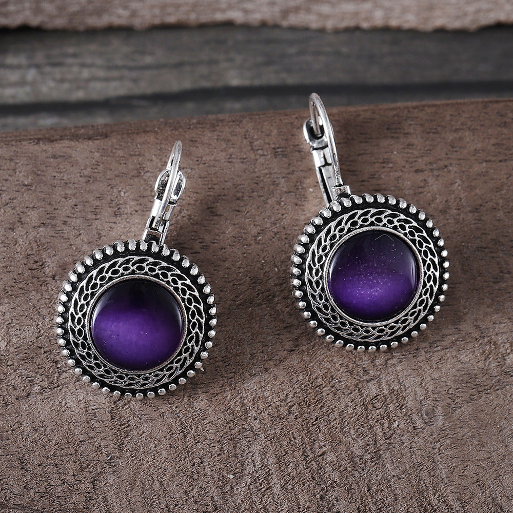 Wholesale Bohemian Retro Oval Jeweled Earrings Blue Electroplated Zinc Alloy Pair Trendy Party Gift And Boutique Resale Accessory