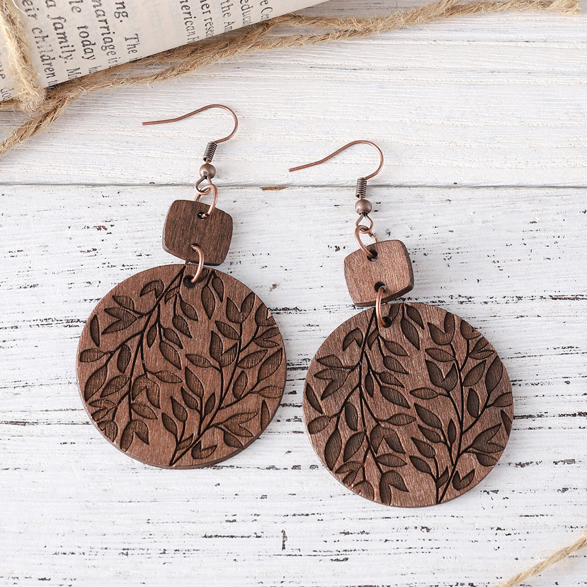 Wholesale Leaf Round ing Pendant Earrings Bohemian Wooden Double-sided  Earrings