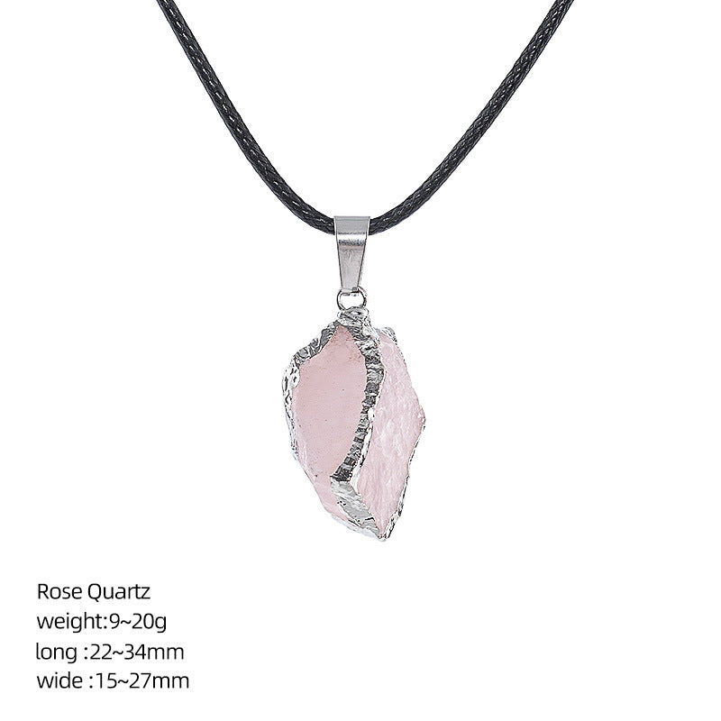 Wholesale Natural Crystal Raw Stone Pendant Necklace with Leather Rope Chain Irregular Hand-Hammered Electroplated Fashion Jewelry