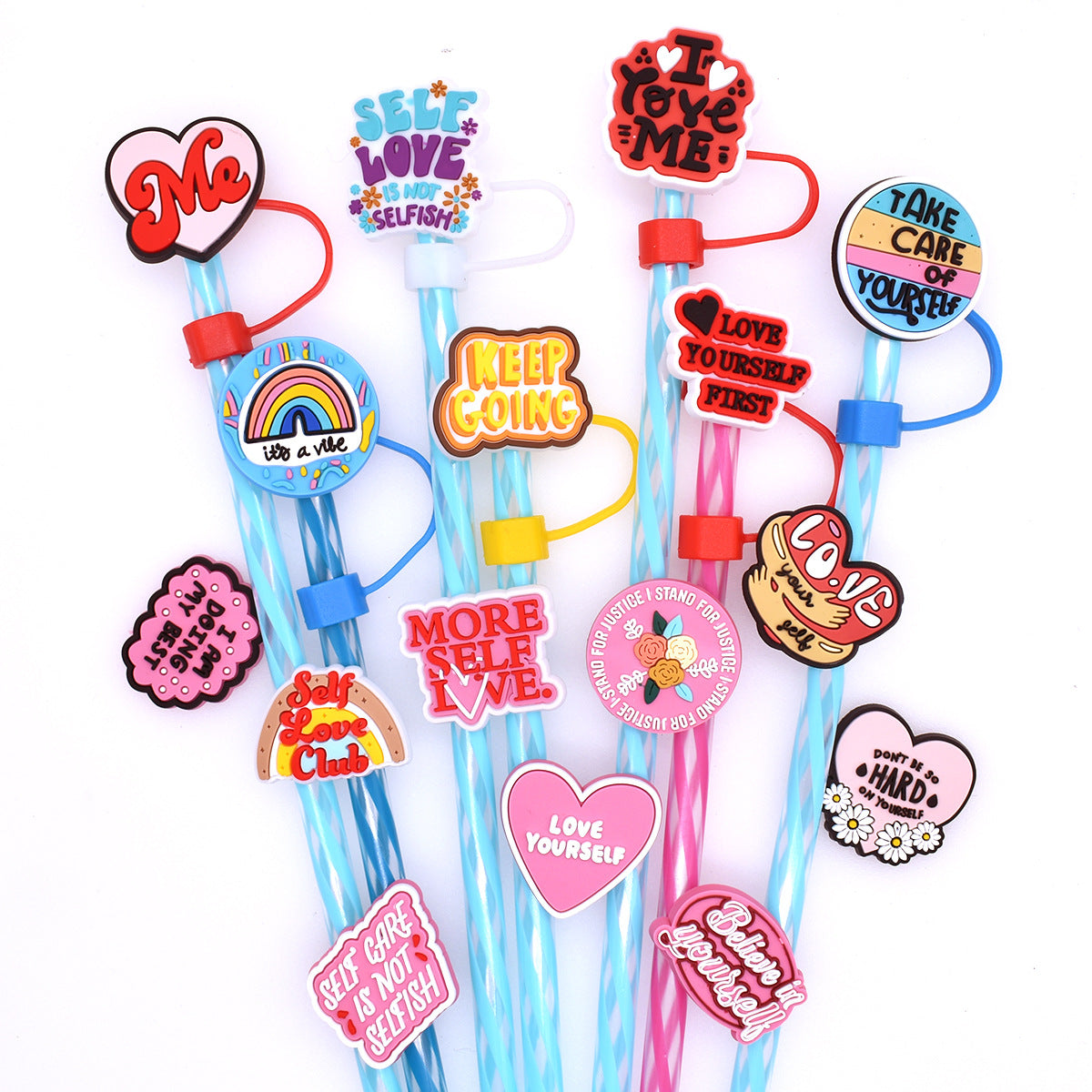 Wholesale Random 100pcs Phrase Series Straw Tube Cap 10mm Soft Glue Straw Decoration Straw Cover ACC-SCR-RYY045