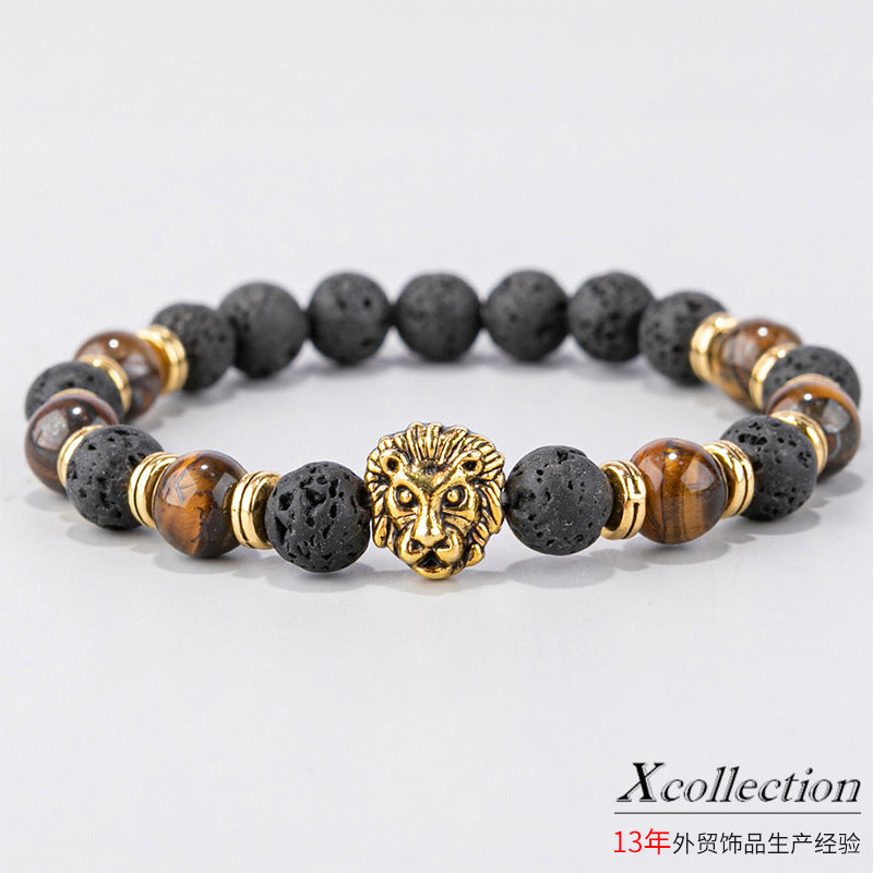 Wholesale lion head elastic tiger eye stone men's bracelet